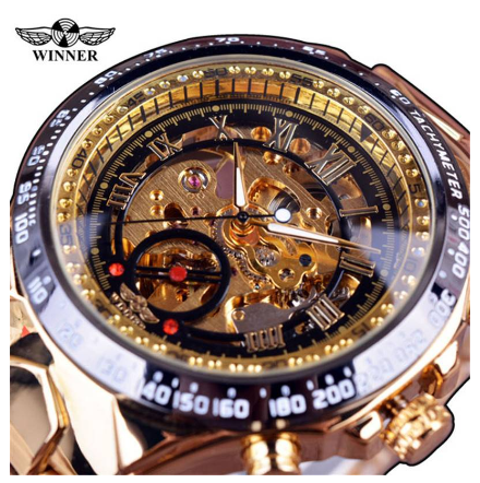WINNER Automatic watch men Gold Luxury Stainless Steel Skeleton Mechanical Watches waterproof Luminous Watch 6