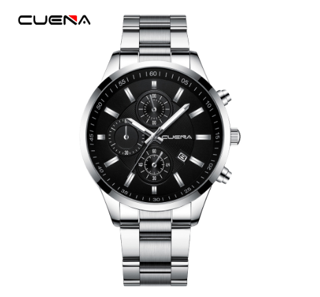 CUENA Original Men's Watches Stainless Steel Fashion Luxury Casual Business Quartz Analog Waterproof Watch SILVER BLACK