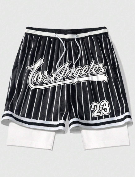 ROMWE Prep Men's Casual Sporty Drawstring Waist Double-Layer Basketball Shorts With Color Block Stripe & Letter Print For Summer