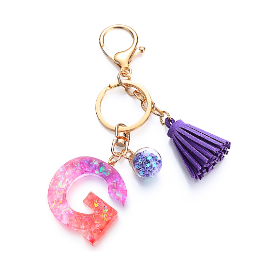 Cute Creative 26 Letter Alphabet Crystal Glitter Resin Keychain Women Tassels Keyring Car Key Holder Bag Charms Accessories G