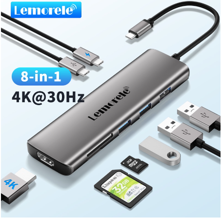 Lemorele 8-In-1 Usb C Hub - Ultra-Thin Aluminum Shell With 4k HDMI, 3 Usb-A, Pd 100w, Sd/Tf, Usb-C Data For Macbook Air/Pro M1, Ipad